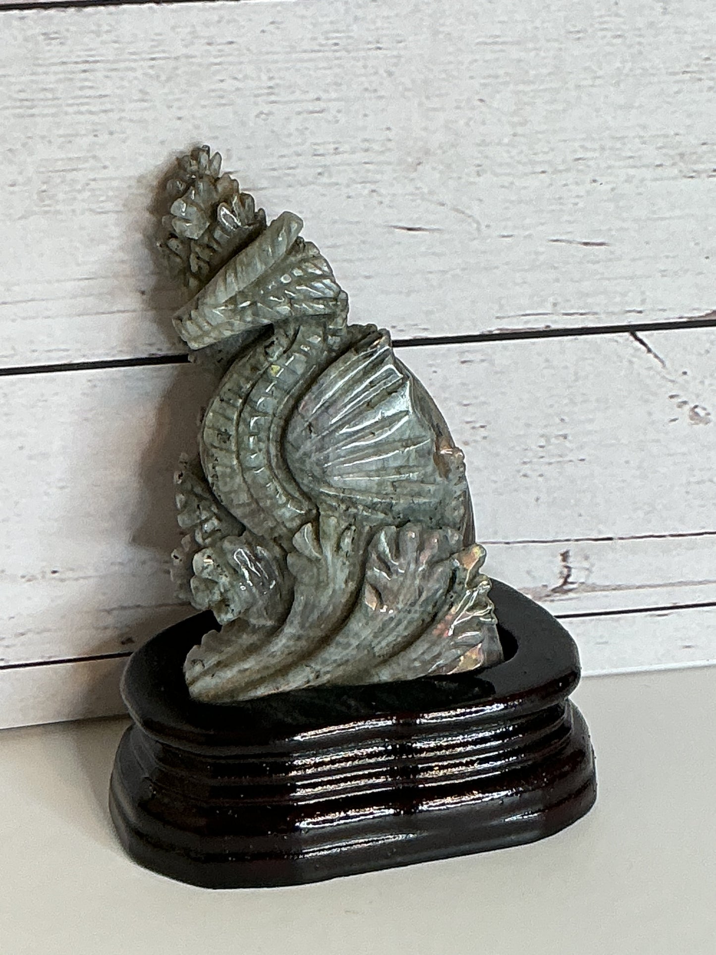 4” LABRADORITE SEAHORSE CARVING WITH WOODEN STAND
