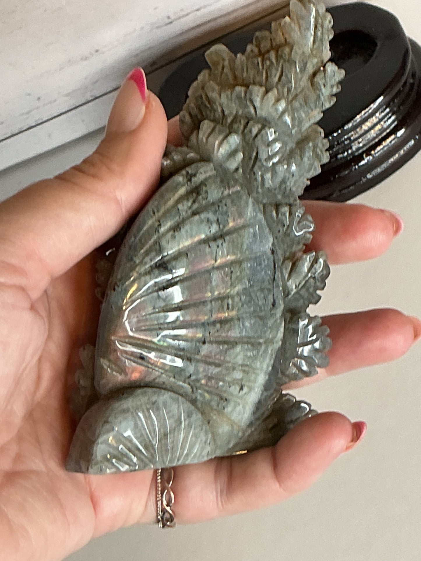 4” LABRADORITE SEAHORSE CARVING WITH WOODEN STAND