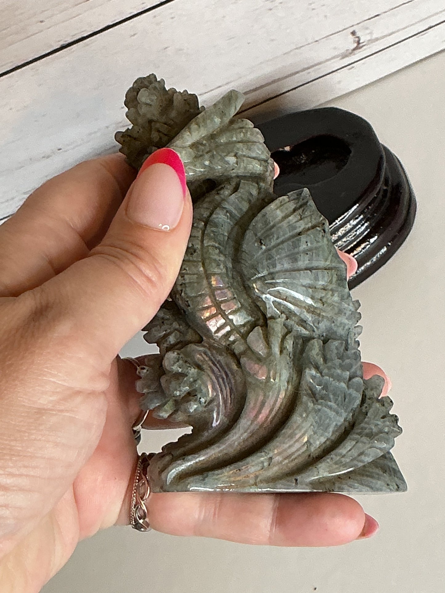 4” LABRADORITE SEAHORSE CARVING WITH WOODEN STAND