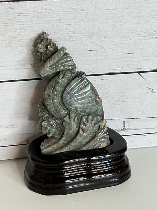 4” LABRADORITE SEAHORSE CARVING WITH WOODEN STAND